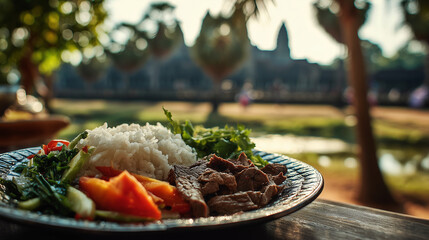 Obraz premium A plate of rice and meat with vegetables in front of angkor wat temple in siem reap cambodia area