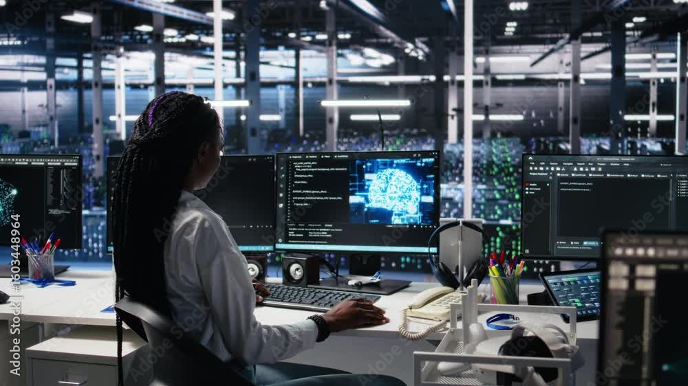 Poster data center system administrator working on neural network software development. african american wo