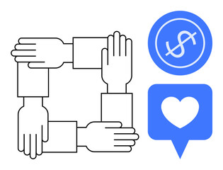 Interlocked hands representing unity and cooperation, next to icons for financial success and community love. Ideal for teamwork, partnership, charity, growth, social impact, community, simple flat