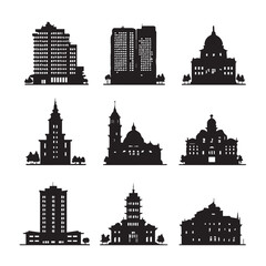 Naklejka premium vector illustration of building silhouette set, Black & White silhouette set