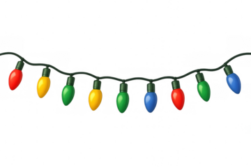 String of colorful christmas lights hanging, creating a festive atmosphere, on a transparent background, perfect for holiday projects