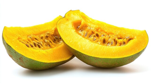 Halved delicious babaco fruit with vibrant yellow pulp isolated on a white background representing