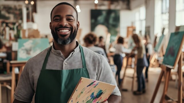 Smiling art teacher holding palette in art class with students painting