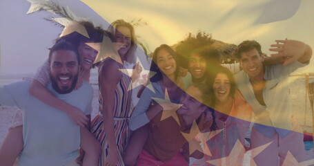 Posing friends piggybacking on beach with waves at sunset, with translucent American flag overlay