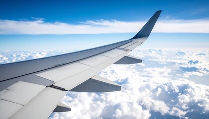 Obraz premium Airplane wing above fluffy clouds