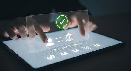 Close-up of Hands Confirming Secure Digital Transaction on Glowing Tablet with Green Checkmark Interface.