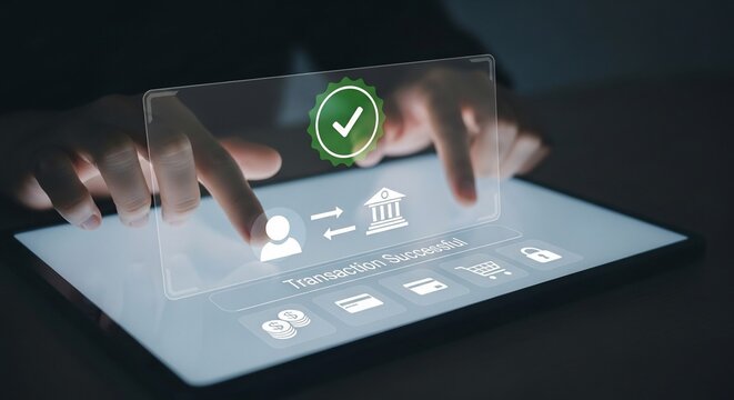Close-up of Hands Confirming Secure Digital Transaction on Glowing Tablet with Green Checkmark Interface.