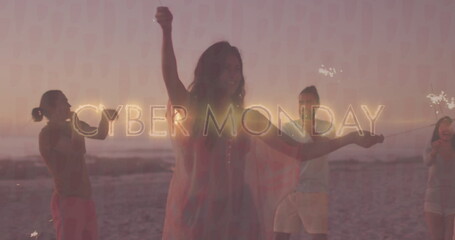 Waving sparklers, friends in casual beachwear celebrating on sandy beach at sunset, with drink cup