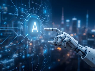 Robotic hand interacting with ai interface against a blurred cityscape background at night time