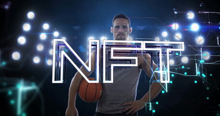 Standing athlete displaying digital network under stadium lights, with basketball and NFT overlay