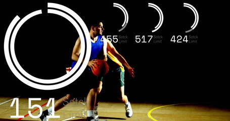 Dribbling blue jersey player maneuvering on hardwood court floor, with basketball and HUD graphics