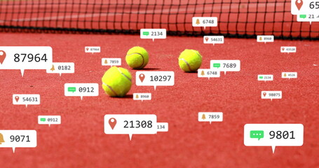 Resting five yellow tennis balls near tennis net on red clay court, with floating overlay icons