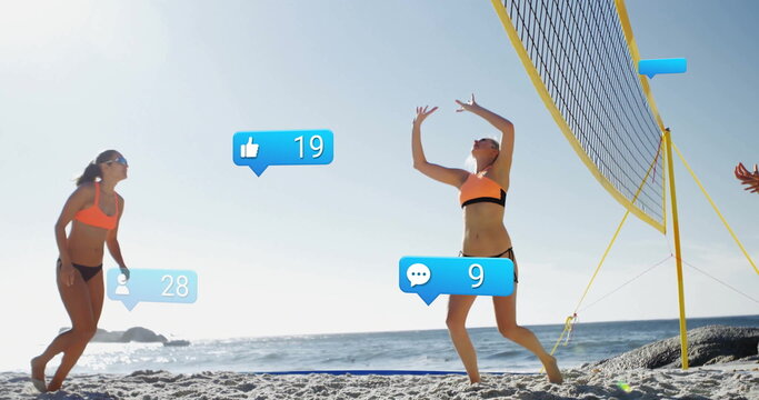Leaping volleyball player in neon sports bikini spiking ball over net by ocean, with social icons