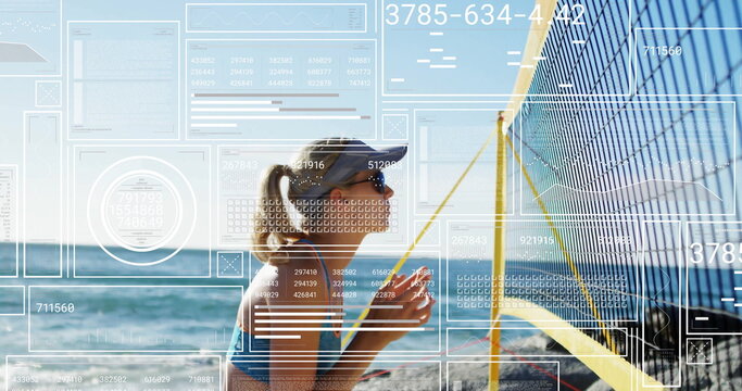 Standing beach volleyball player in blue top and sunglasses by net, tech overlay, copy space