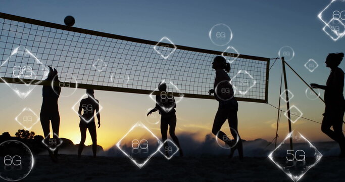 Blocking five women wearing beachwear playing beach volleyball at sunset, with net and 5G 6G icons - Powered by Adobe