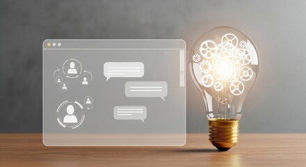 Illuminated Idea: Network Communication  Gearing Innovation Conceptual Lightbulb.