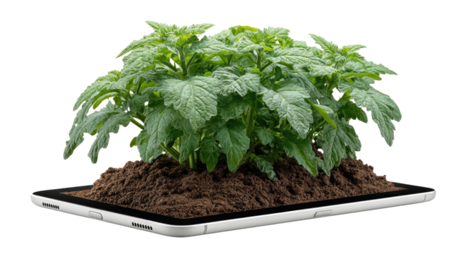 Green Sprouts and Digital Ground: A fresh green plant grows out of a digital tablet. A symbol of technology and nature combined, a green plant thrives in the artificial setting.