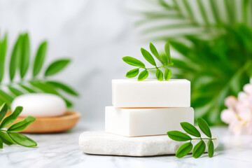 Stacked white soap bars on marble with green leaves