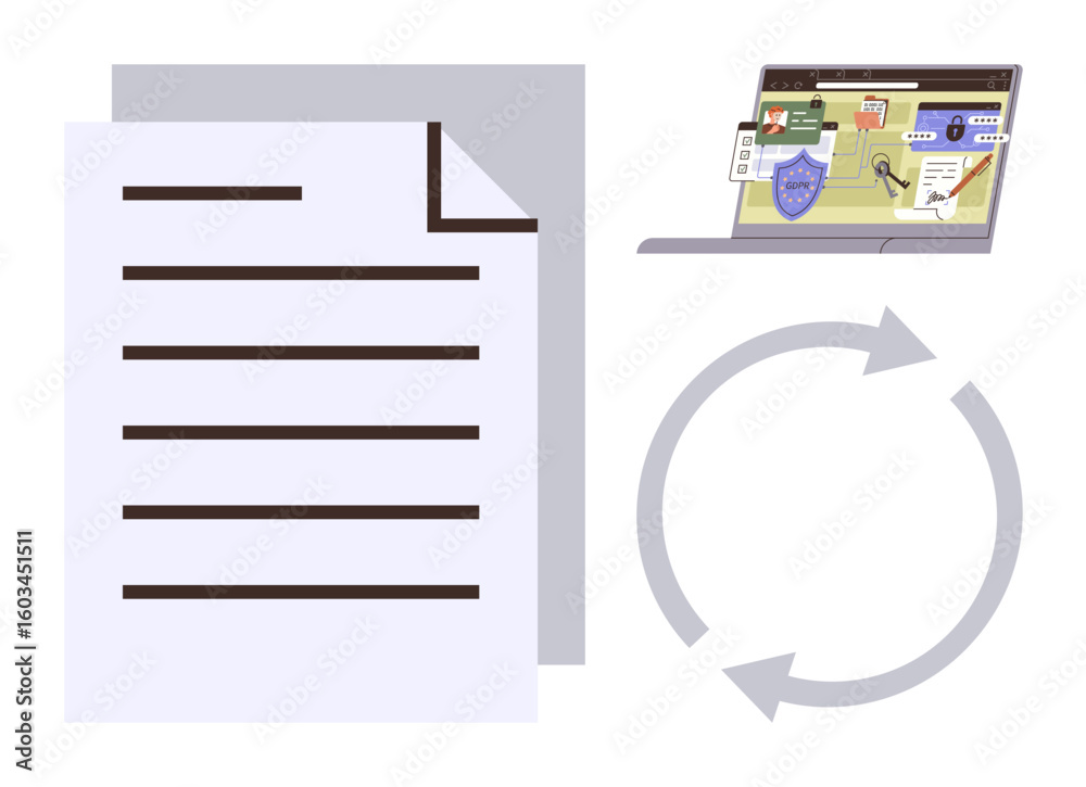 Poster document with text, laptop showing security tools, and circular arrow. ideal for workflow, cybersecu