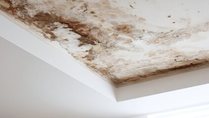 Damp stains mar the ceiling's revealing neglect and water damage creating an unsightly and concerning situation for home maintenance and