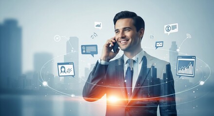 Smiling Businessman Engages in Global Network with Cityscape Double Exposure.