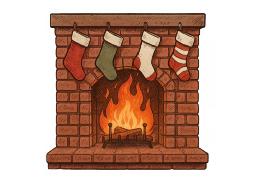 Colorful christmas stockings hanging against rustic brick fireplace, warm fire glowing, isolated backdrop