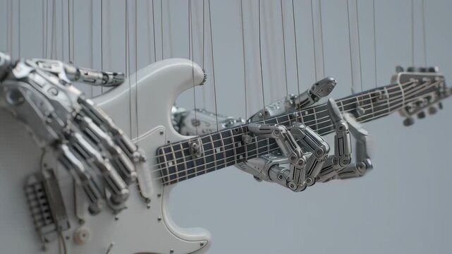 Cyber puppet musician concept, Robotic hands manipulating a guitar in a creative art installation.