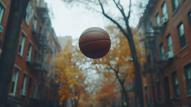 basketball spins mid air perfectly aligned hoop, creating dynamic visual in charming urban setting filled trees and autumn colors