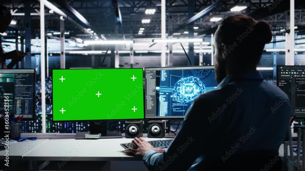 Fototapete server room technician using ai on green screen pc to review diagnostics. it worker in data center a