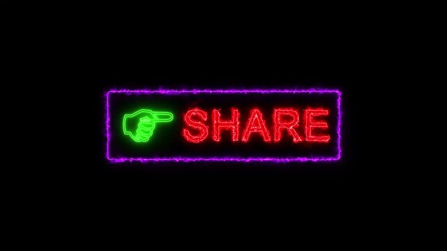 Abstract neon sign with the word share in rectangle from magenta red animation. Animated share button with bell icon, share text icon animation glowing neon .