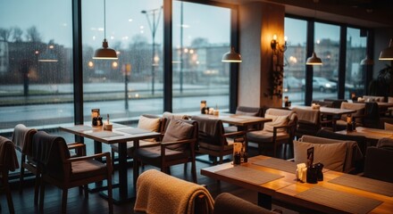 Fototapeta premium Atmospheric Restaurant Interior on a Rainy Day