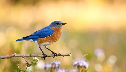 Fototapeta premium Bluebird perched on a branch, warm sunlight
