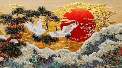 Asian cranes artwork sunrise landscape
