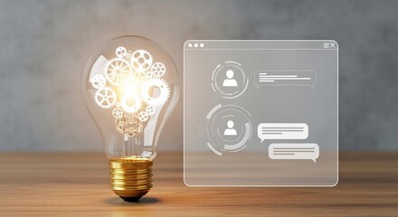 Powering AI Communication: Glowing Lightbulb with Gears and Chat Interface.