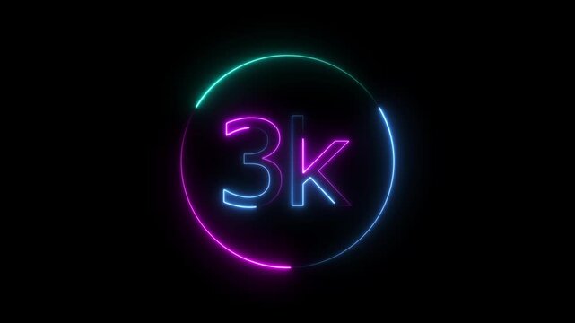 Glowing neon 3K text animation on black background. Celebration neon circle and number 3K with black color Background Loop Animation. Glowing neon line 3k Ultra HD icon isolated. 