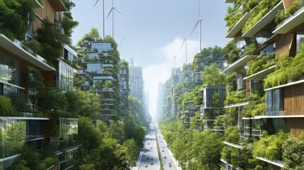 Obraz premium Modern futuristic cityscape with green eco-friendly buildings lush trees and clear sky wide street with vehicles and sustainable urban design