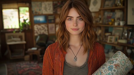 young woman holds several rolls of wallpaper while focused on choosing materials for her home renovation in bright and organized hardware store