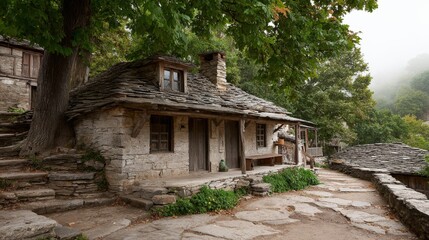 Rustic stone cottage with wooden shingled roof surrounded by lush green trees and a cobblestone path in a peaceful rural setting