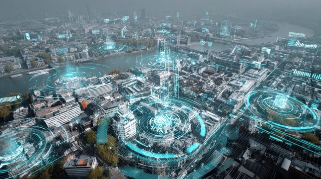 Futuristic Smart City with Digital Cityscape and Holographic Technology Overhead View of Urban Landscape with Technology Integration
