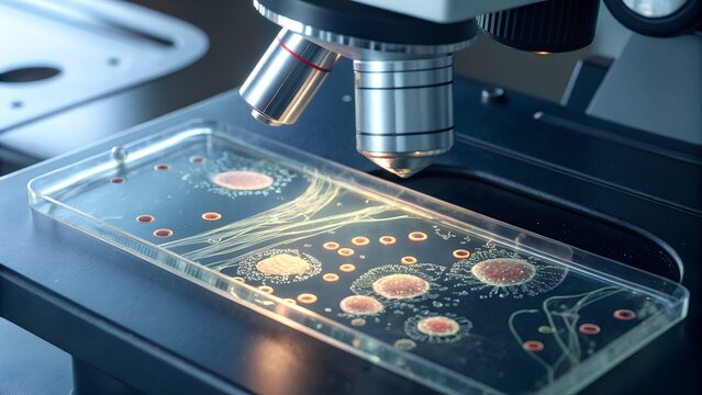 Close-up of microscope slide under bright light with visible single-celled organisms moving in water - Powered by Adobe