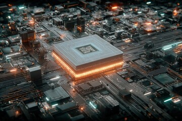 Highly detailed close-up view of a modern central processing unit chip on a circuit board with glowing electronic components and intricate motherboard traces