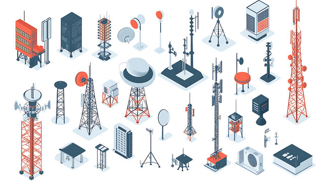 Flat isometric illustration of telecom masts and broadcasting towers in 3D vector, designed to represent radio communication and signal transmission