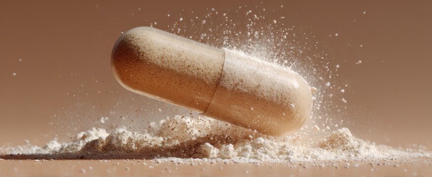 A single capsule bursts open releasing its powdery contents in a dynamic explosion against a neutral backdrop creating a visual representation of