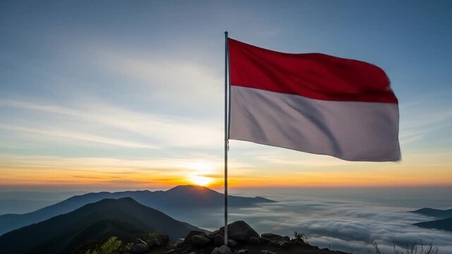 Indonesian flag waving proudly atop mountain peak at sunrise, freedom concept