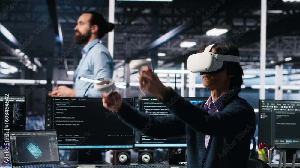 Poster data center engineer using virtual reality, managing ai systems for uptime and efficiency. it employ