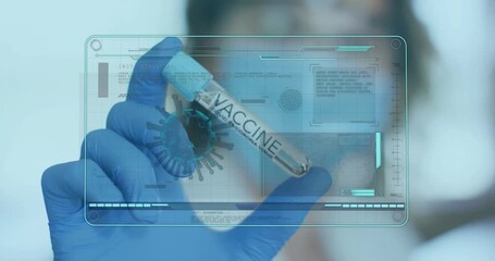 Scientist gloved hand bringing vaccine tube and activating holographic virus scan interface in lab - Powered by Adobe