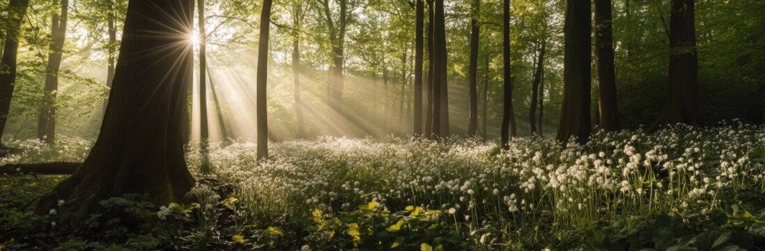 The green forest, set against the vibrant backdrop of a summer sunrise, boasts a stunning panorama of a secluded glade where the warm rays of the sun dance across a sprawling sea of ramsons, while