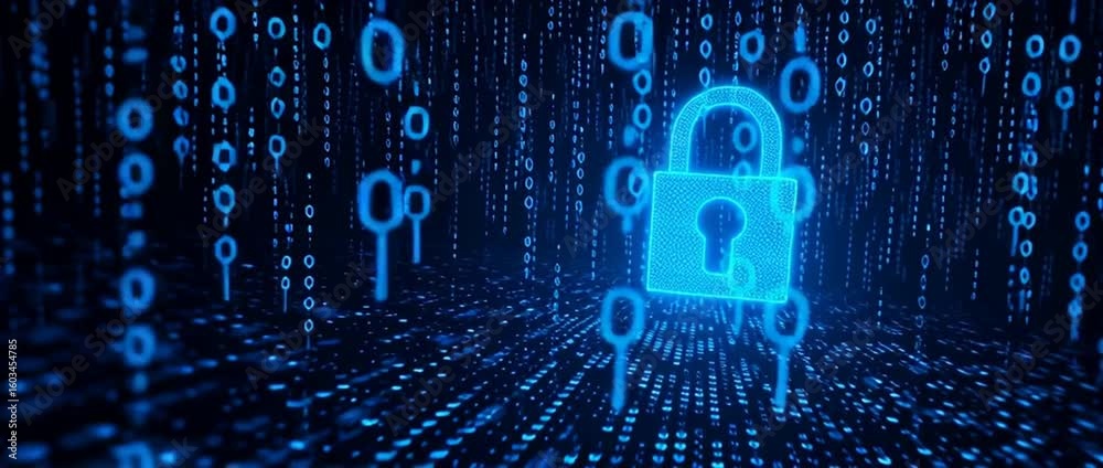 Poster blue digital background vector with a padlock symbol and binary code for security, data protection, 
