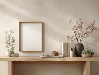 Minimalist modern interior decor with wooden console table and decorative vases including flowers and plants arranged in neutral living room setting