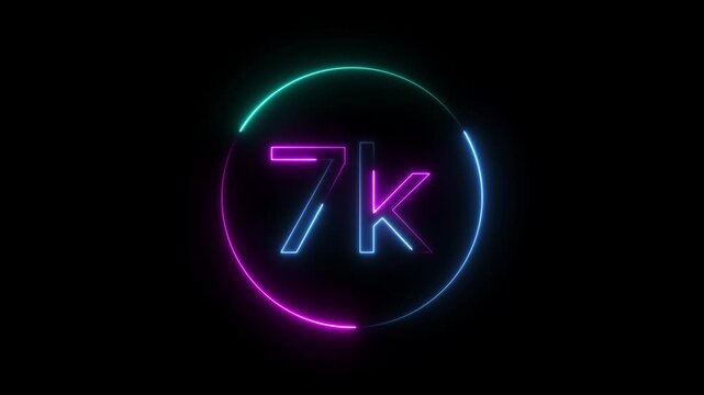Glowing neon 7K text animation on black background. Celebration neon circle and number 7K with black color Background Loop Animation. Glowing neon line 7k Ultra HD icon isolated. 